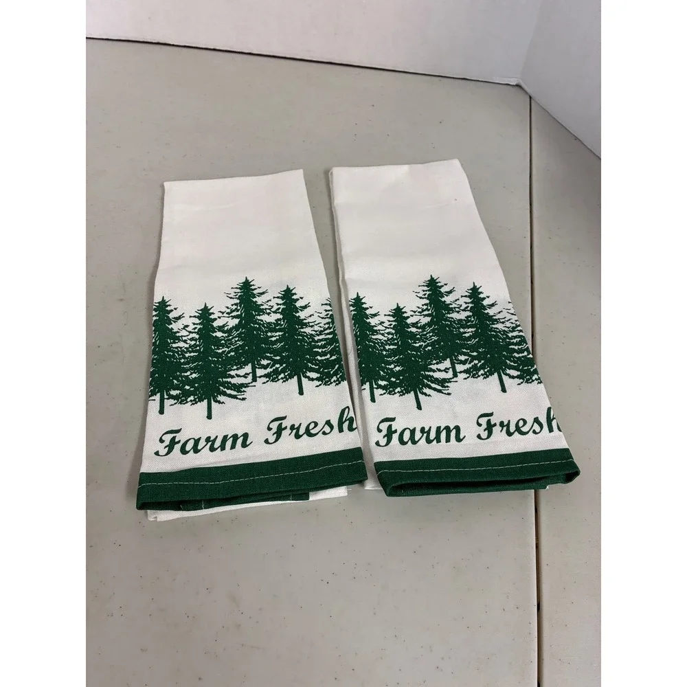 Farm Fresh Pine Tree Cotton Kitchen Tea‎ Towels Green White Set of 2 RN 67227